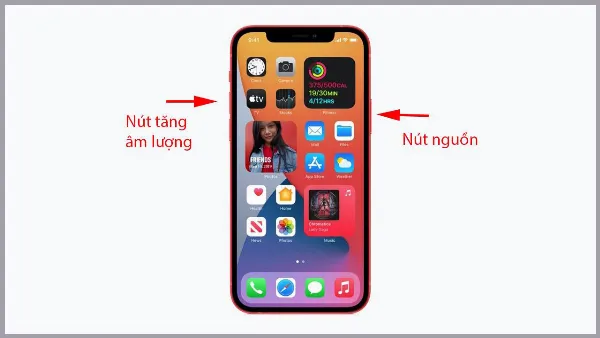 alt: Minh họa thao tác nhấn giữ nút nguồn và nút tăng âm lượng trên iPhone 12