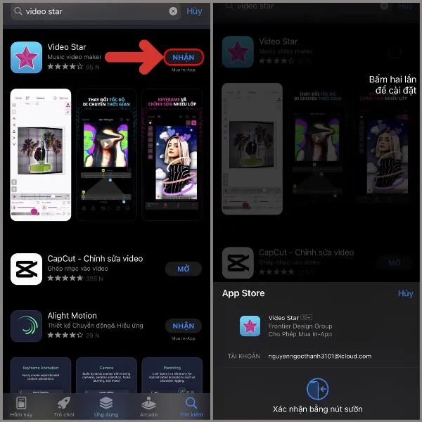 alt: Minh họa thao tác nhấn nút "Nhận" để tải ứng dụng Video Star