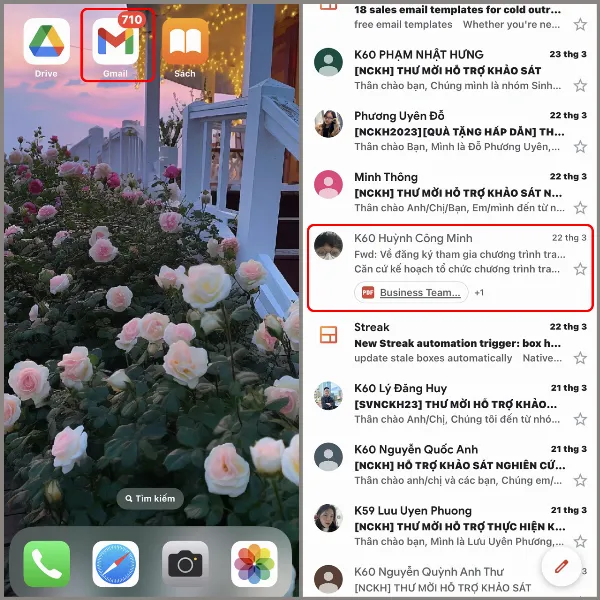 alt: Mở ứng dụng Gmail trên iPhone và tìm email có file ebook