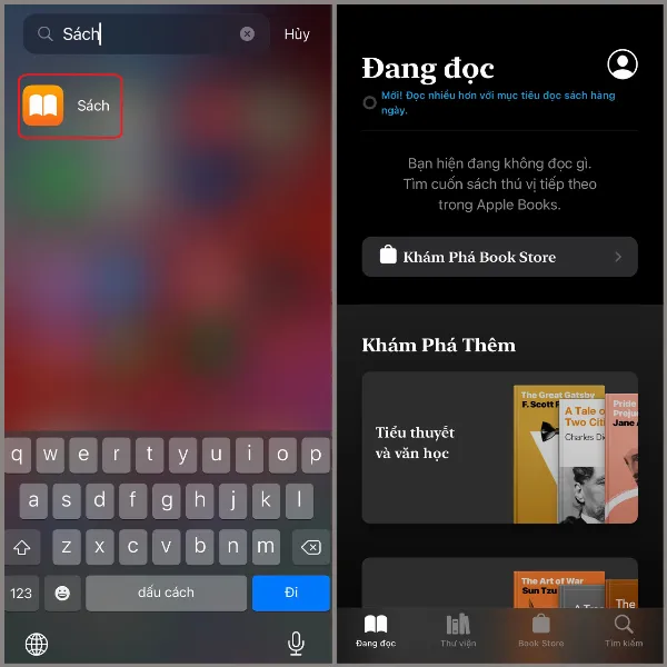 alt: Mở ứng dụng Sách (iBooks) từ màn hình chính hoặc tìm kiếm trong thư viện ứng dụng trên iPhone