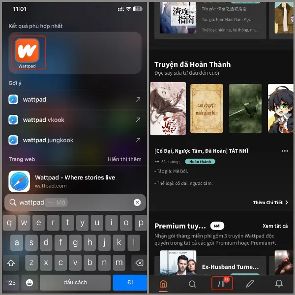 Cách xem lịch sử đọc trên Wattpad, giúp bạn có thể đọc tiếp truyện đang dang dở vô cùng tiện lợi 2 alt mới cho ảnh: Giao diện ứng dụng Wattpad, hiển thị các đầu truyện, với mũi tên chỉ vào biểu tượng danh sách đọc ở góc dưới cùng bên phải.
