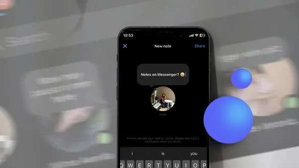 alt: Một ảnh chụp màn hình điện thoại hiển thị giao diện ứng dụng Messenger, với bong bóng hội thoại có dòng chữ "Bạn đang nghĩ gì?". Phía trên bong bóng là ảnh đại diện người dùng và dòng chữ "Ghi chú của bạn".