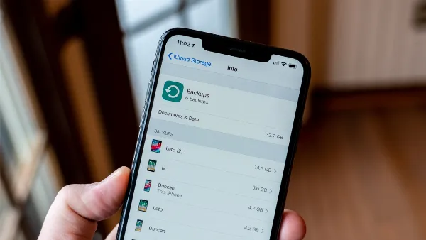 alt: Một chiếc điện thoại iPhone đang hiển thị giao diện iCloud với các tùy chọn sao lưu dữ liệu