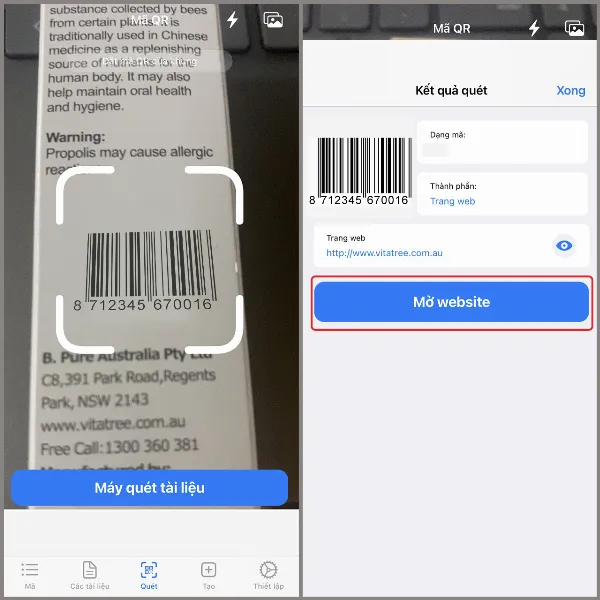 Cách quét mã vạch trên iPhone cực nhanh chóng, giúp việc kiểm tra thông tin sản phẩm trở nên đơn giản hơn 3 alt: Nhấn mở website để xem thông tin sản phẩm sau khi quét