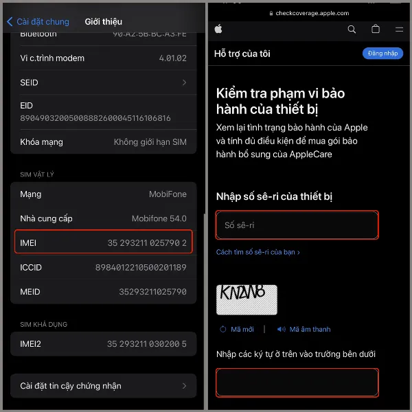 alt: Nhập IMEI và mã xác thực để kiểm tra thông tin bảo hành