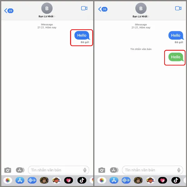 alt: So sánh hiển thị trạng thái tin nhắn iMessage khi bị chặn và không bị chặn trên iPhone