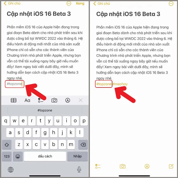 alt: Tạo thẻ tag trong ứng dụng Ghi chú trên iPhone bằng cách nhập dấu # kèm theo nội dung tag