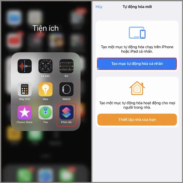alt: Tạo tự động hóa cá nhân trong ứng dụng Phím tắt trên iPhone