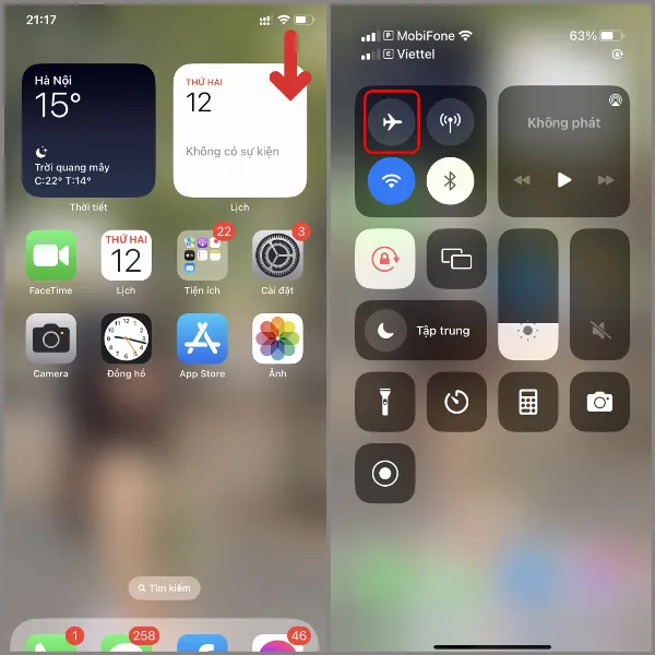 alt: Tắt chế độ máy bay trên iPhone khi bị mất sóng