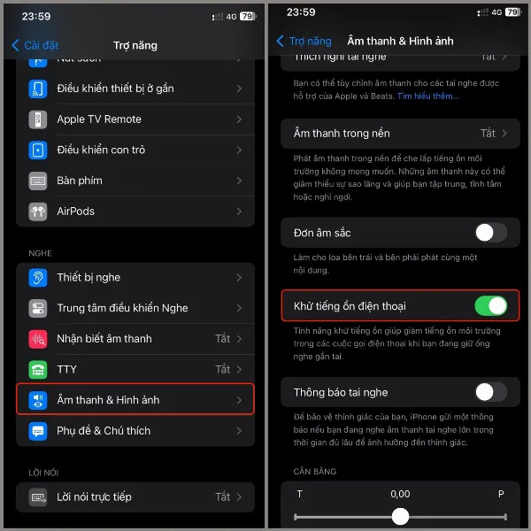 alt text mới: Tắt Khử tiếng ồn điện thoại trong Âm thanh/Hình ảnh