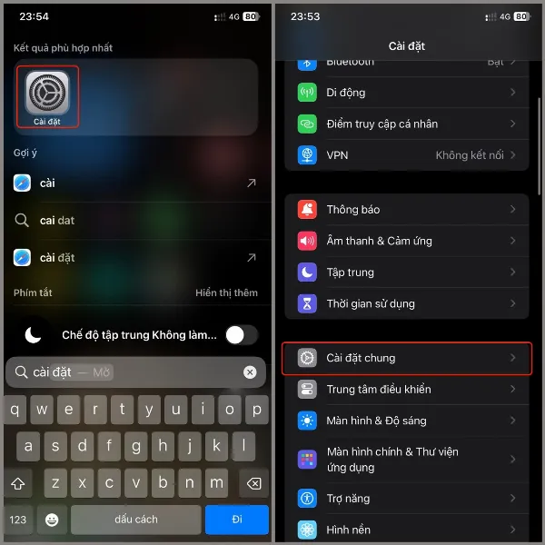 alt text mới: Vào Cài đặt, chọn Cài đặt chung trên iPhone