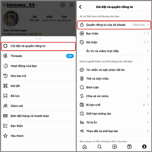 alt text tiếng Việt: Ảnh chụp màn hình menu "Cài đặt và quyền riêng tư" trên Instagram, mũi tên chỉ đến mục "Quyền riêng tư của tài khoản"