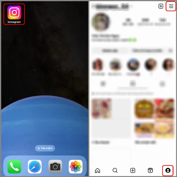 alt text tiếng Việt: Ảnh chụp màn hình trang cá nhân Instagram, mũi tên chỉ vào biểu tượng menu ba dấu gạch ngang