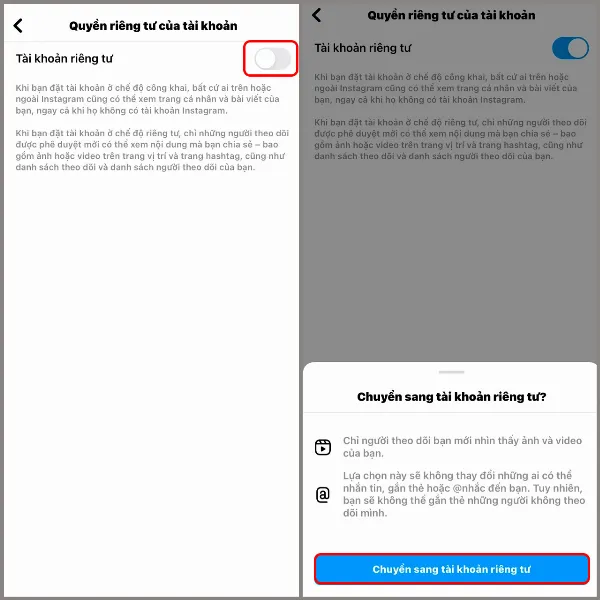 alt text tiếng Việt: Ảnh chụp màn hình tùy chọn "Tài khoản riêng tư" đang được bật, với thông báo xác nhận chuyển đổi