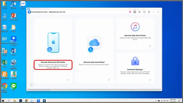 alt text tiếng Việt: Chọn Recover Data from iOS device để bắt đầu khôi phục dữ liệu từ iPhone