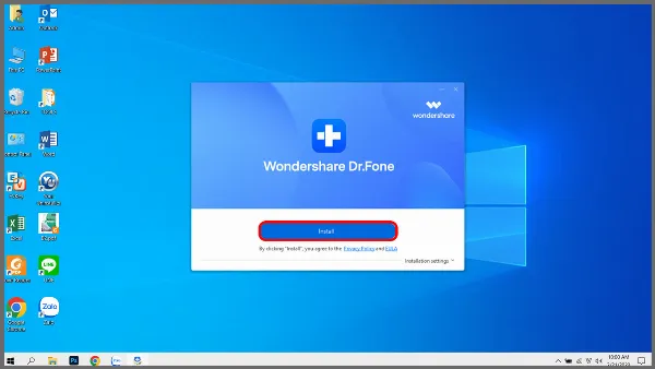 alt text tiếng Việt: Giao diện cài đặt Wondershare Dr.Fone đang trong quá trình thiết lập