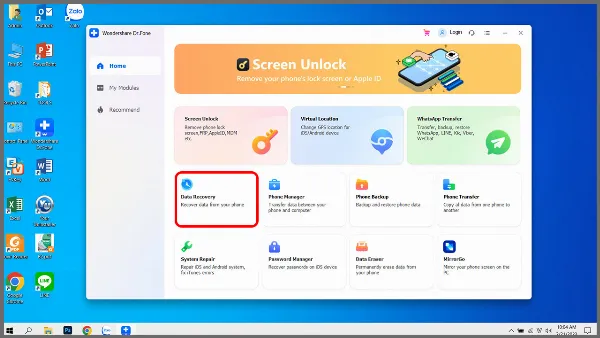 alt text tiếng Việt: Giao diện chính của phần mềm Wondershare Dr.Fone, chọn Data Recovery