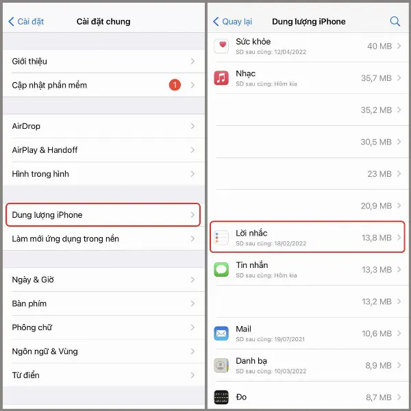 alt text tiếng Việt: Giao diện Dung lượng iPhone, hiển thị danh sách ứng dụng và dung lượng tương ứng, mũi tên chỉ vào ứng dụng Nhạc.