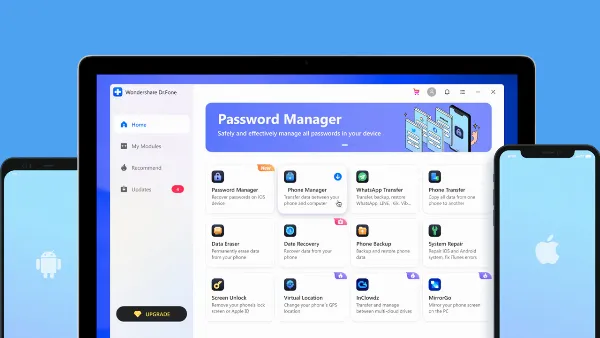 alt text tiếng Việt: Giao diện phần mềm Wondershare Dr.Fone hiển thị các tính năng chính