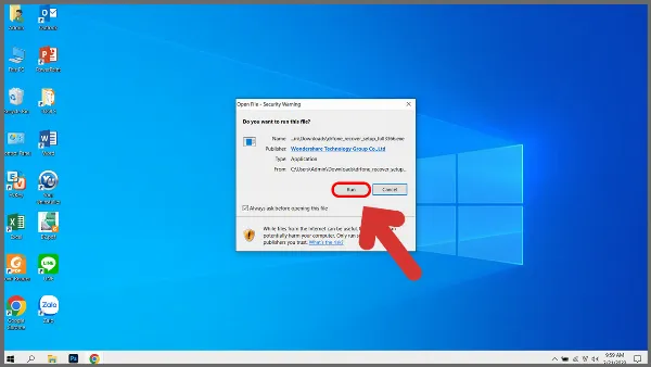 alt text tiếng Việt: Hộp thoại xác nhận chạy file cài đặt Wondershare Dr.Fone