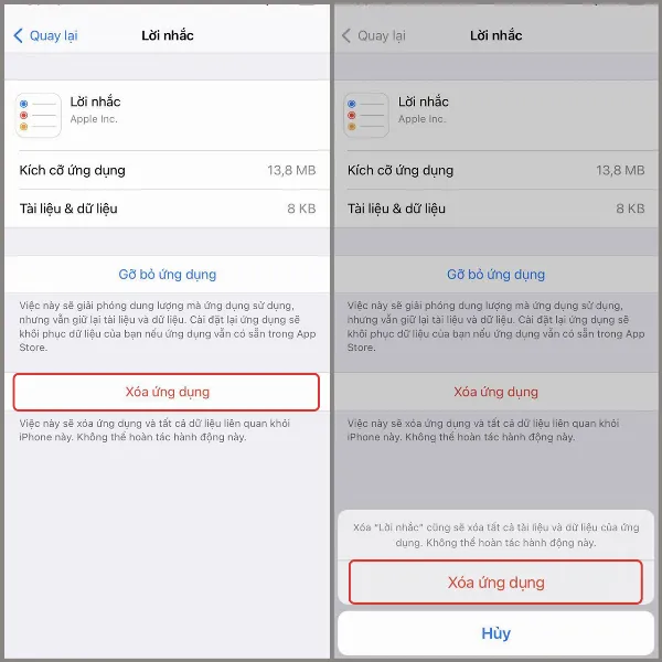alt text tiếng Việt: Màn hình iPhone hiển thị tùy chọn Xóa ứng dụng và Gỡ bỏ ứng dụng, với nút Xóa ứng dụng được chọn.
