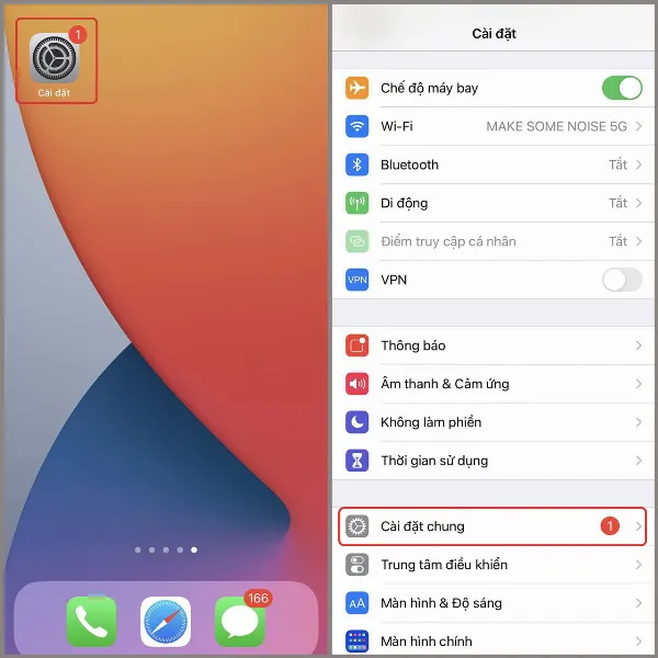 alt text tiếng Việt: Màn hình iPhone hiển thị ứng dụng Cài đặt và tùy chọn Cài đặt chung.