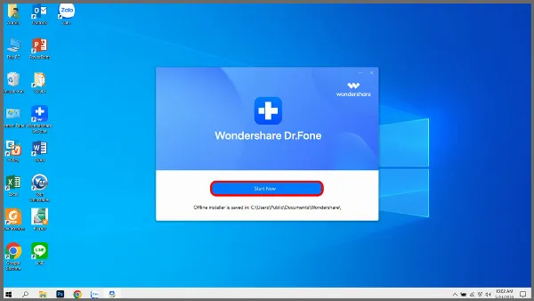alt text tiếng Việt: Thông báo cài đặt Wondershare Dr.Fone thành công, chọn Start Now để bắt đầu