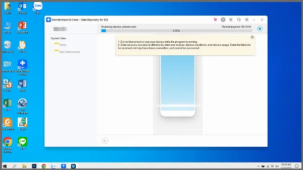 alt text tiếng Việt: Wondershare Dr.Fone đang quét dữ liệu iPhone, hiển thị thời gian quét còn lại