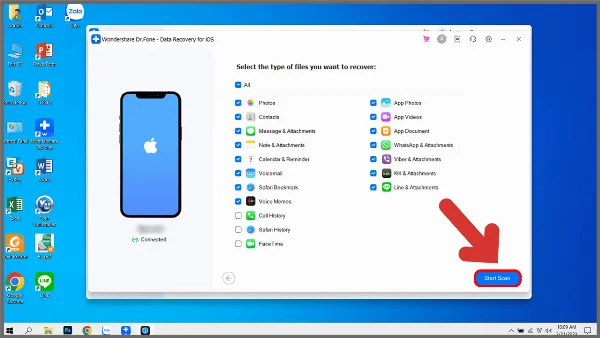 alt text tiếng Việt: Wondershare Dr.Fone hiển thị danh sách dữ liệu trên iPhone, chọn loại dữ liệu cần khôi phục