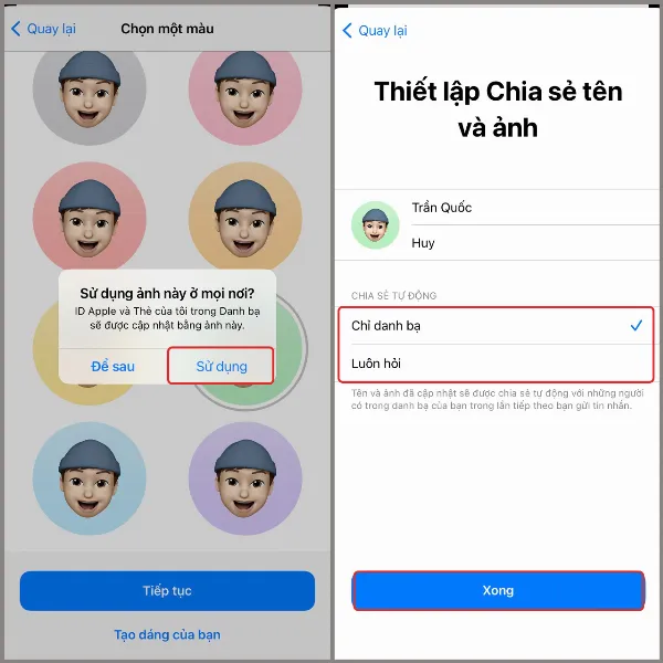 alt: Thiết lập chia sẻ ảnh đại diện trong Tin nhắn trên iPhone