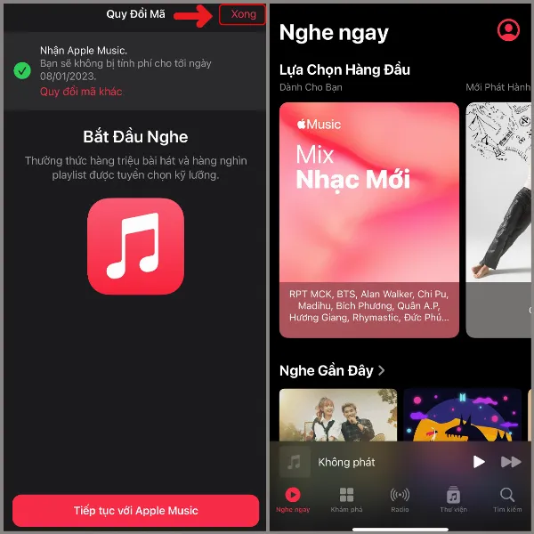 alt: Thông báo trên iPhone hiển thị thời hạn sử dụng miễn phí của Apple Music