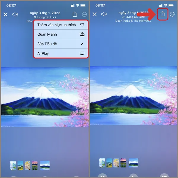 alt tiếng Việt: Giao diện tùy chỉnh video trên iPhone, cho phép lưu hoặc chia sẻ video