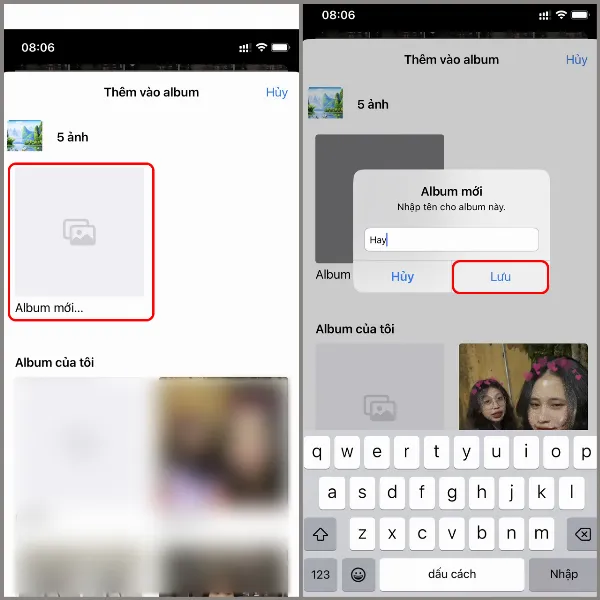 alt tiếng Việt: Hướng dẫn đặt tên album mới trên iPhone để làm video từ ảnh