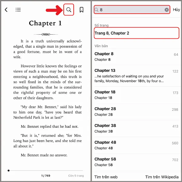 alt: Tìm kiếm nhanh trang sách bằng cách nhập số trang vào ô tìm kiếm trong khi đọc sách