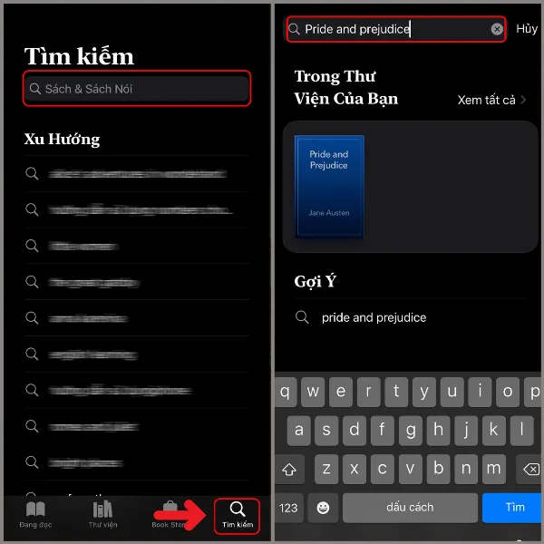 alt: Tìm kiếm sách bằng cách nhập tên sách, tác giả hoặc chủ đề vào thanh tìm kiếm của ứng dụng Sách