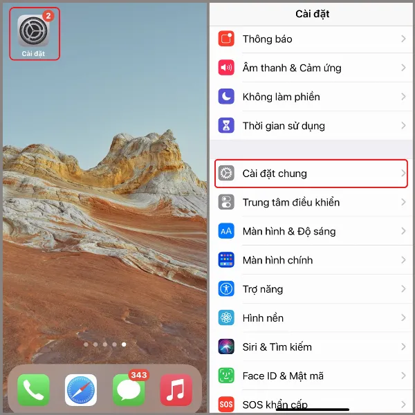 alt: Truy cập cài đặt chung trên iPhone để tắt làm mới ứng dụng nền