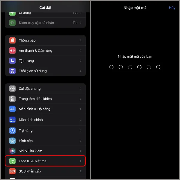 alt: Truy cập cài đặt Face ID và mật mã trên iPhone