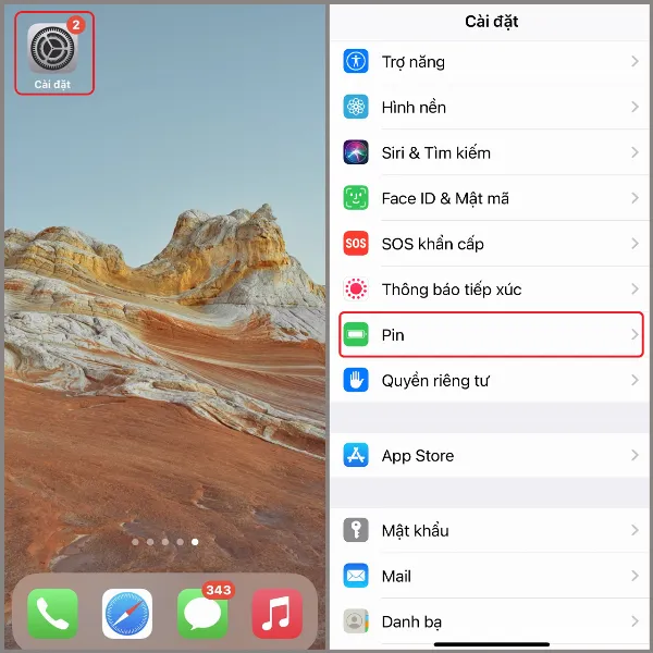 alt: Truy cập cài đặt pin trên iPhone để tối ưu hóa quá trình sạc