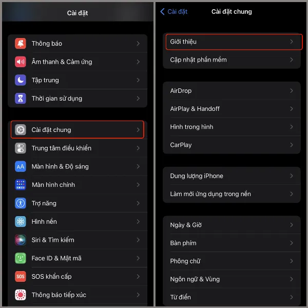alt: Truy cập phần Giới thiệu trong Cài đặt chung để xem thông tin kiểu máy