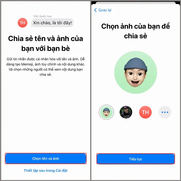 alt: Tùy chỉnh ảnh đại diện trong Tin nhắn trên iPhone
