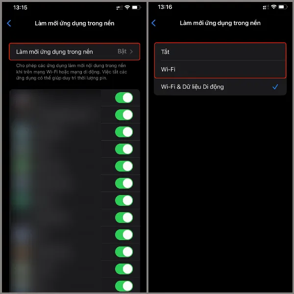 alt: Tùy chọn bật tắt làm mới ứng dụng trong nền