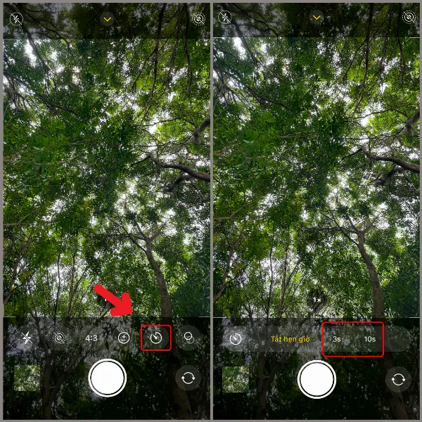alt: Tùy chọn thiết lập thời gian hẹn giờ 3 giây hoặc 10 giây trong ứng dụng camera trên iPhone