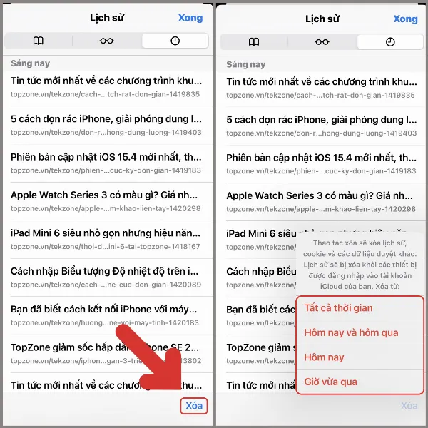 alt: Tùy chọn xóa lịch sử duyệt web trên iPhone theo các mốc thời gian khác nhau