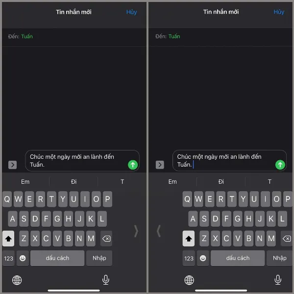 alt: Ví dụ về bàn phím một tay trên iPhone, bên trái là bàn phím cho người thuận tay trái, bên phải là bàn phím cho người thuận tay phải