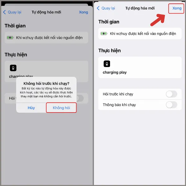 alt: Xác nhận không hỏi trước khi chạy tự động hóa trên iPhone