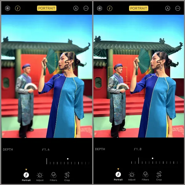 Ảnh chụp chân dung hai người với hậu cảnh được làm mờ xóa phông bằng iPhone 15