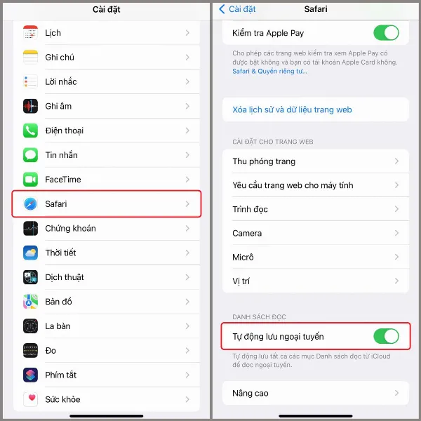 Ảnh chụp màn hình cài đặt Safari, cần bật tùy chọn Tự động Lưu Ngoại tuyến