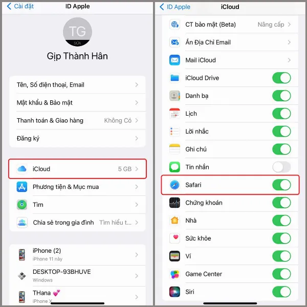 Ảnh chụp màn hình danh sách Ứng dụng sử dụng iCloud, cần bật tùy chọn Safari để đồng bộ dữ liệu