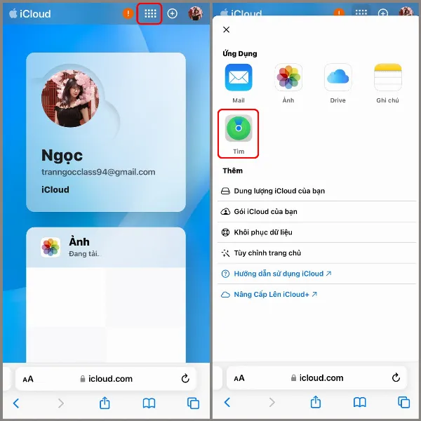 Ảnh chụp màn hình giao diện chính của iCloud sau khi đăng nhập, hiển thị các biểu tượng ứng dụng như Mail, Danh bạ, Lịch, Ảnh, iCloud Drive, Ghi chú, Lời nhắc, Pages, Numbers, Keynote, Tìm iPhone.