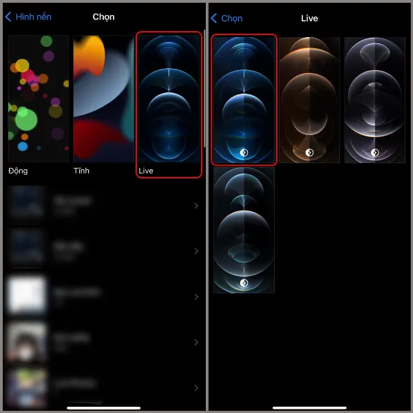 Cách làm hình nền video cho iPhone giúp điện thoại trở nên mới lạ và cuốn hút hơn, xem ngay mẹo và thực hiện thôi! 2 Ảnh chụp màn hình giao diện chọn ảnh Live trong cài đặt hình nền iPhone